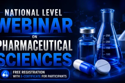 National Level Webinar on Pharmaceutical Sciences promotional banner featuring laboratory glassware, medicine capsule, tablet, and free registration with E-certificate on a dark blue scientific background.