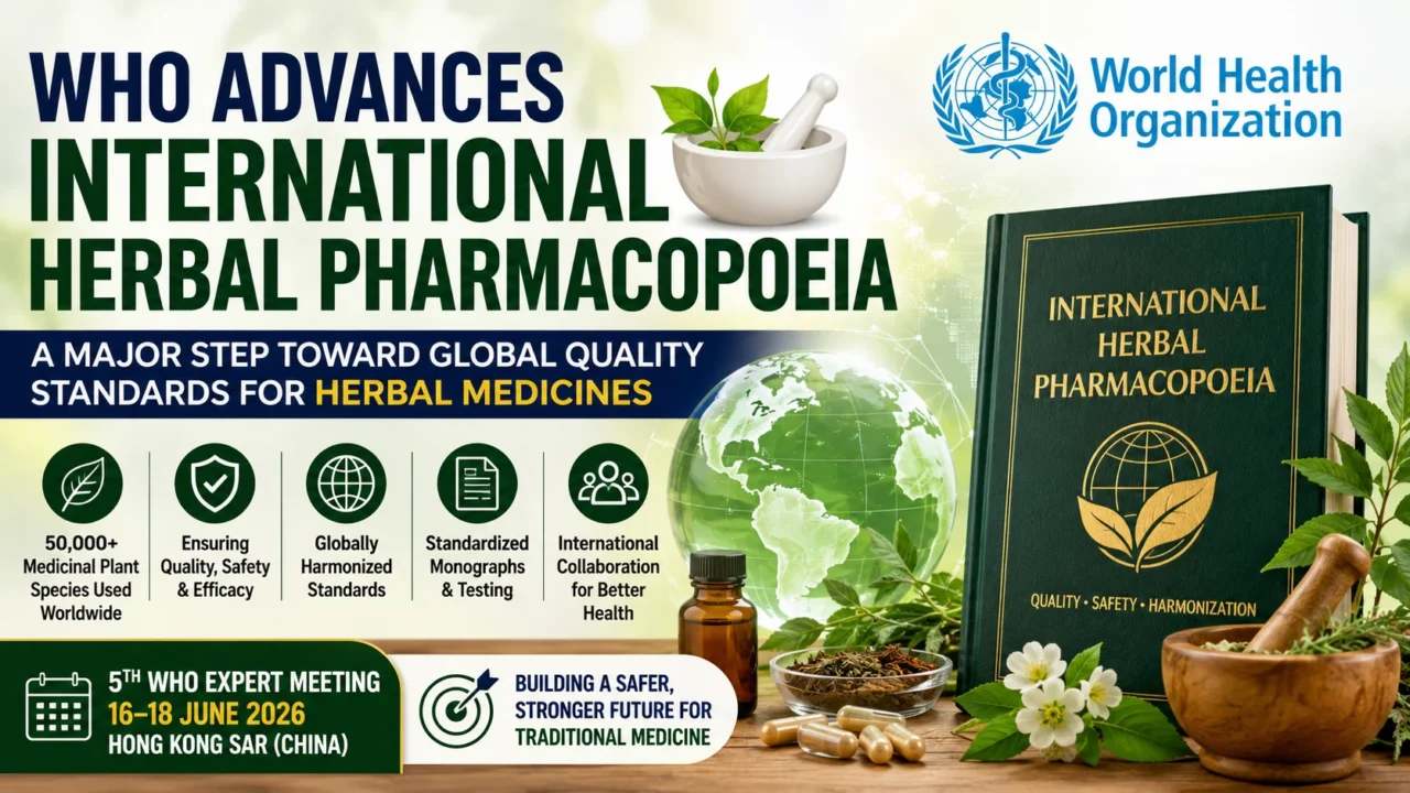 WHO advances the International Herbal Pharmacopoeia with global standards for herbal medicines, featuring medicinal herbs, a pharmacopoeia book, WHO logo, globe, and quality assurance icons.