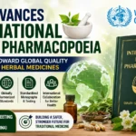 WHO advances the International Herbal Pharmacopoeia with global standards for herbal medicines, featuring medicinal herbs, a pharmacopoeia book, WHO logo, globe, and quality assurance icons.