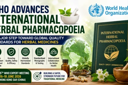 WHO advances the International Herbal Pharmacopoeia with global standards for herbal medicines, featuring medicinal herbs, a pharmacopoeia book, WHO logo, globe, and quality assurance icons.