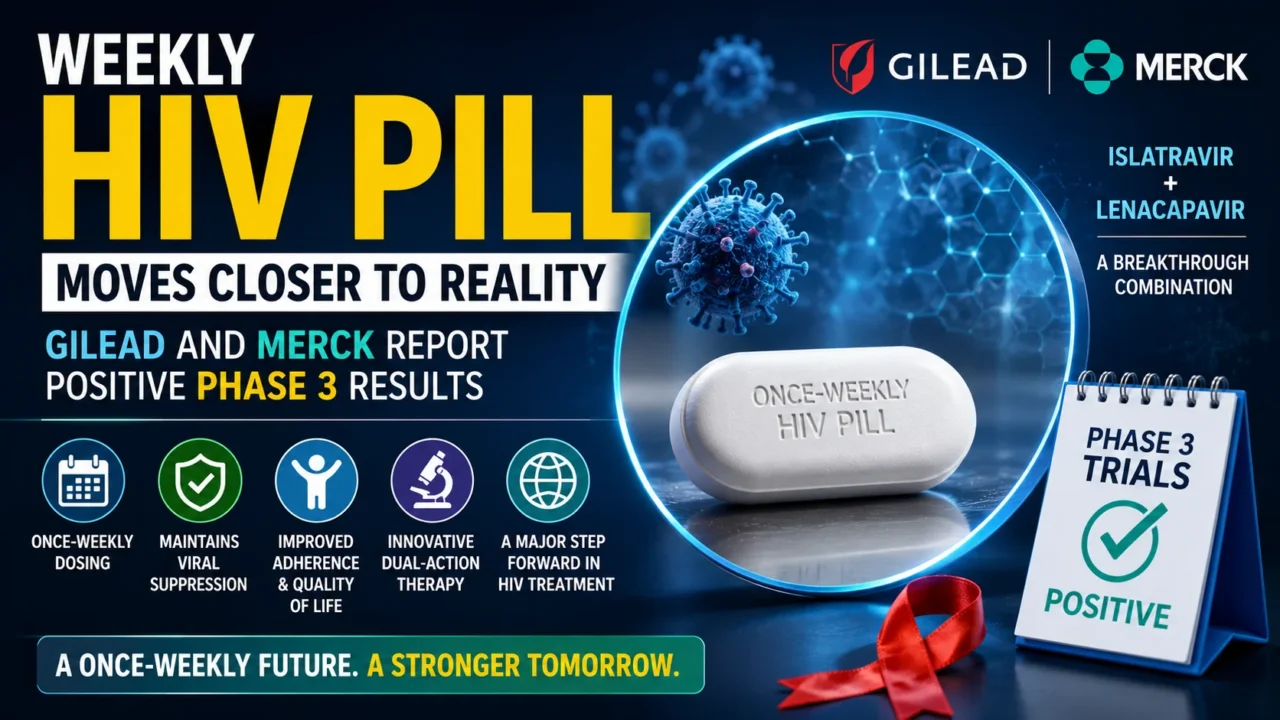 Medical infographic highlighting a breakthrough once-weekly HIV pill, featuring a pharmaceutical tablet, HIV awareness ribbon, scientific graphics, and positive Phase 3 trial results from Gilead and Merck.