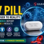Medical infographic highlighting a breakthrough once-weekly HIV pill, featuring a pharmaceutical tablet, HIV awareness ribbon, scientific graphics, and positive Phase 3 trial results from Gilead and Merck.