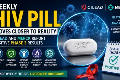 Medical infographic highlighting a breakthrough once-weekly HIV pill, featuring a pharmaceutical tablet, HIV awareness ribbon, scientific graphics, and positive Phase 3 trial results from Gilead and Merck.