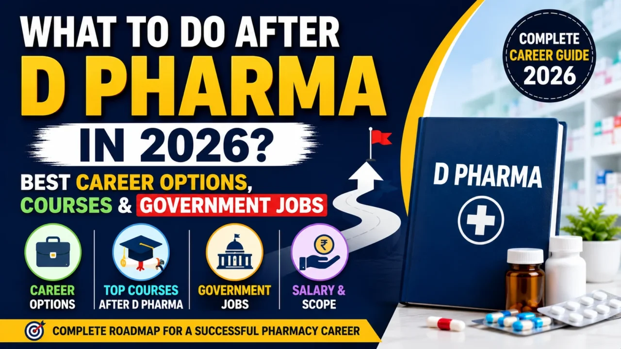 D Pharma career options in 2026 showing higher studies, government jobs, pharmacist careers, salary, and future opportunities after Diploma in Pharmacy.