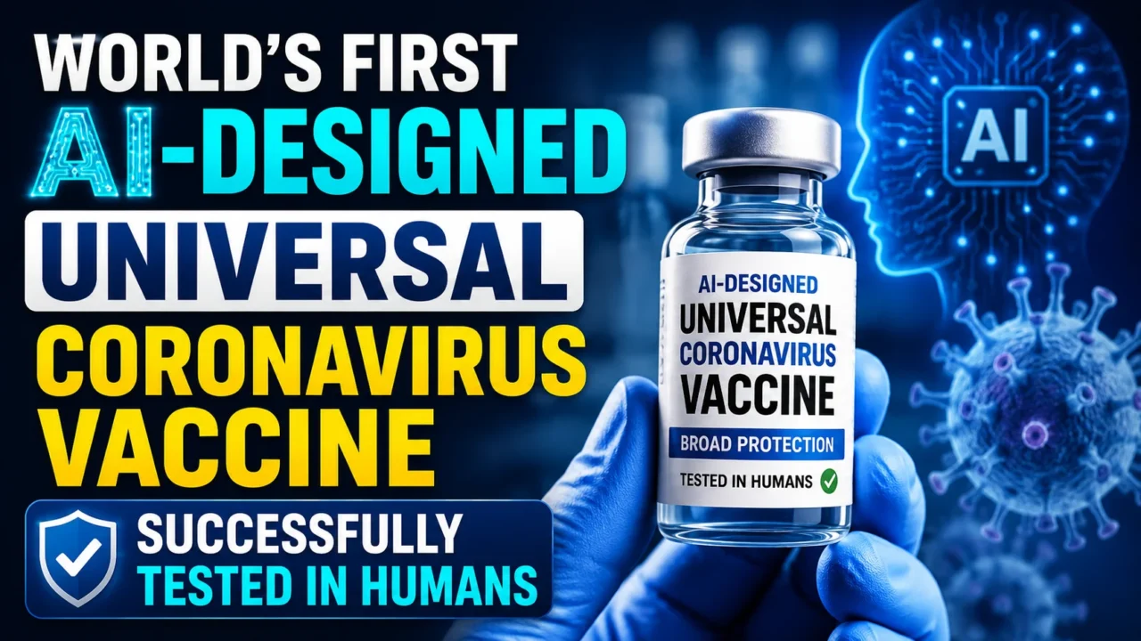 Thumbnail featuring an AI-designed universal coronavirus vaccine vial, digital artificial intelligence graphics, and coronavirus imagery, highlighting the successful human testing of the world's first AI-designed universal coronavirus vaccine.