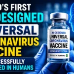 Thumbnail featuring an AI-designed universal coronavirus vaccine vial, digital artificial intelligence graphics, and coronavirus imagery, highlighting the successful human testing of the world's first AI-designed universal coronavirus vaccine.