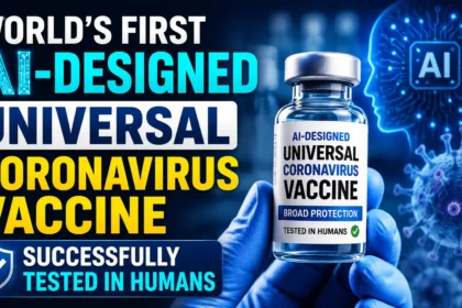 Thumbnail featuring an AI-designed universal coronavirus vaccine vial, digital artificial intelligence graphics, and coronavirus imagery, highlighting the successful human testing of the world's first AI-designed universal coronavirus vaccine.