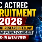 YouTube thumbnail for TMC ACTREC Recruitment 2026 featuring a dark laboratory background, ACTREC logo, microscope, laboratory glassware, DNA graphics, and recruitment information for Assistant Research Fellow vacancies for Pharm.D candidates through a walk-in interview.