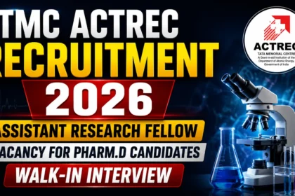 YouTube thumbnail for TMC ACTREC Recruitment 2026 featuring a dark laboratory background, ACTREC logo, microscope, laboratory glassware, DNA graphics, and recruitment information for Assistant Research Fellow vacancies for Pharm.D candidates through a walk-in interview.