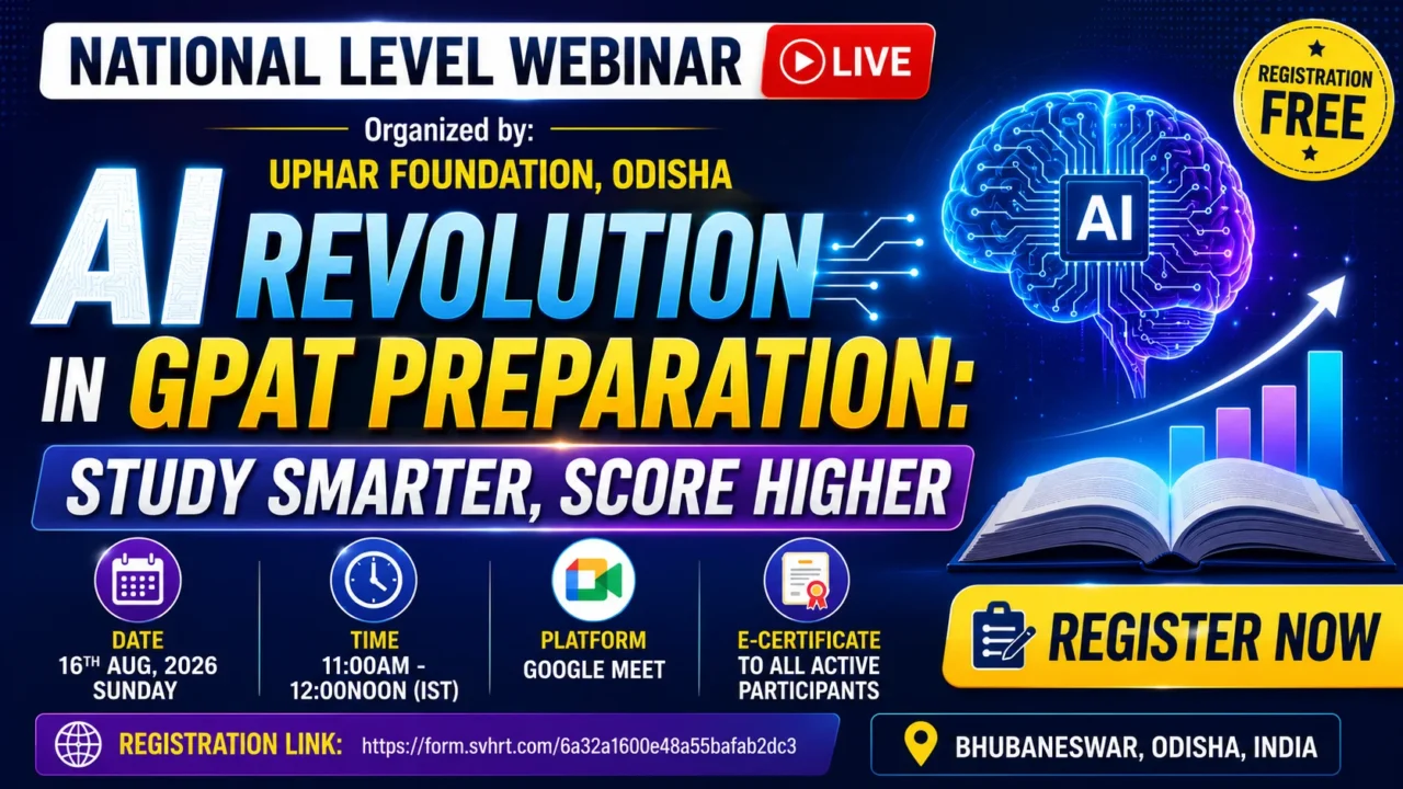 Promotional webinar thumbnail featuring an AI-powered digital brain, futuristic technology graphics, study materials, and bold text about AI revolutionizing GPAT preparation. The design highlights a national-level webinar organized by UPHAR Foundation, Odisha.
