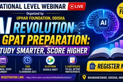 Promotional webinar thumbnail featuring an AI-powered digital brain, futuristic technology graphics, study materials, and bold text about AI revolutionizing GPAT preparation. The design highlights a national-level webinar organized by UPHAR Foundation, Odisha.