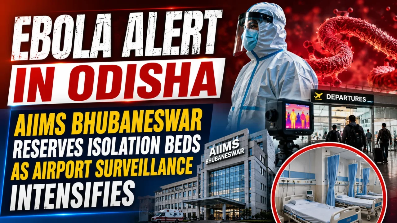 Breaking-news style thumbnail showing an Ebola alert in Odisha, featuring a healthcare worker in full PPE, AIIMS Bhubaneswar hospital building, airport thermal screening surveillance, isolation ward beds, and Ebola virus imagery on a red emergency-themed background.