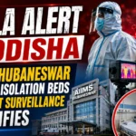 Breaking-news style thumbnail showing an Ebola alert in Odisha, featuring a healthcare worker in full PPE, AIIMS Bhubaneswar hospital building, airport thermal screening surveillance, isolation ward beds, and Ebola virus imagery on a red emergency-themed background.