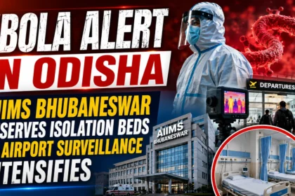 Breaking-news style thumbnail showing an Ebola alert in Odisha, featuring a healthcare worker in full PPE, AIIMS Bhubaneswar hospital building, airport thermal screening surveillance, isolation ward beds, and Ebola virus imagery on a red emergency-themed background.