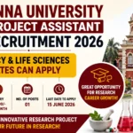 Anna University Project Assistant Recruitment 2026 thumbnail featuring the Anna University logo, iconic campus building, laboratory equipment, research-themed graphics, and recruitment details for Pharmacy and Life Sciences graduates.