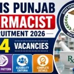 BFUHS Punjab Pharmacist Recruitment 2026 thumbnail featuring 454 vacancies, BFUHS logo, pharmacy medicine bottle, mortar and pestle, capsules, and healthcare-themed background.