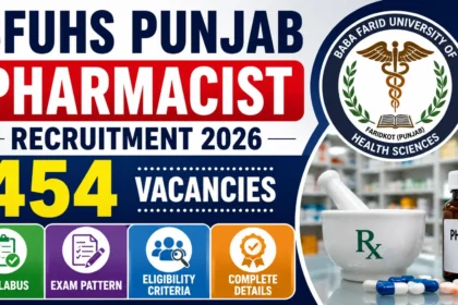 BFUHS Punjab Pharmacist Recruitment 2026 thumbnail featuring 454 vacancies, BFUHS logo, pharmacy medicine bottle, mortar and pestle, capsules, and healthcare-themed background.