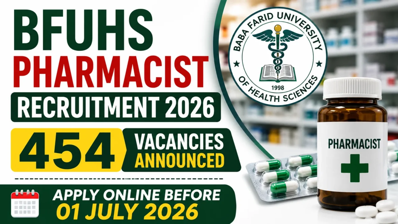 BFUHS Pharmacist Recruitment 2026 thumbnail featuring 454 pharmacist vacancies, BFUHS logo, medicine bottle, capsules, and apply online before 01 July 2026 announcement.