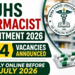 BFUHS Pharmacist Recruitment 2026 thumbnail featuring 454 pharmacist vacancies, BFUHS logo, medicine bottle, capsules, and apply online before 01 July 2026 announcement.