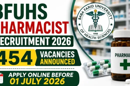 BFUHS Pharmacist Recruitment 2026 thumbnail featuring 454 pharmacist vacancies, BFUHS logo, medicine bottle, capsules, and apply online before 01 July 2026 announcement.
