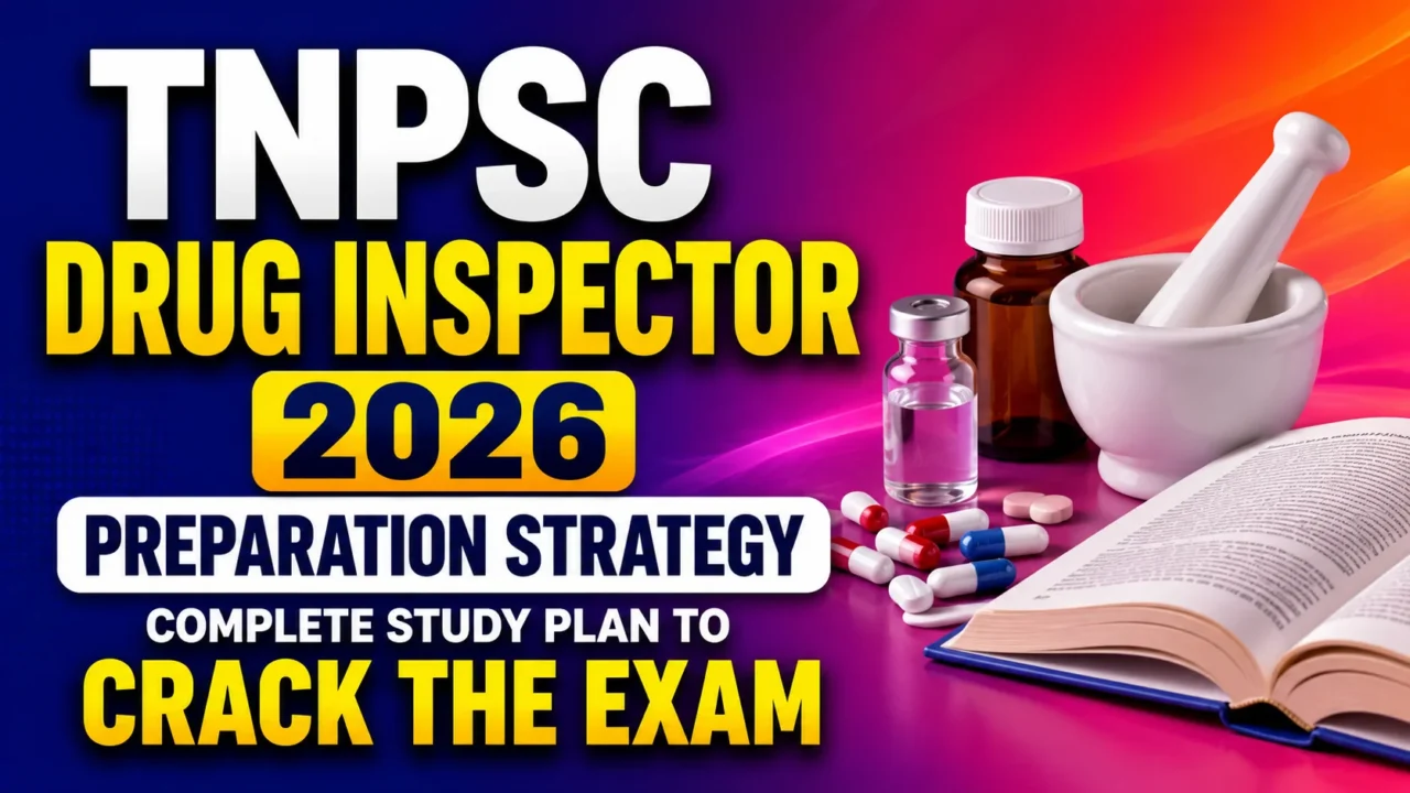 TNPSC Drug Inspector 2026 Preparation Strategy thumbnail featuring pharmacy books, medicines, laboratory equipment, capsules, and study materials, emphasizing a complete study plan to crack the exam.