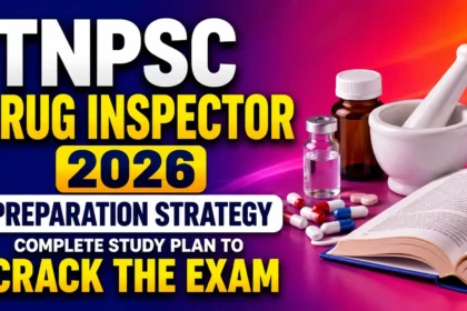 TNPSC Drug Inspector 2026 Preparation Strategy thumbnail featuring pharmacy books, medicines, laboratory equipment, capsules, and study materials, emphasizing a complete study plan to crack the exam.