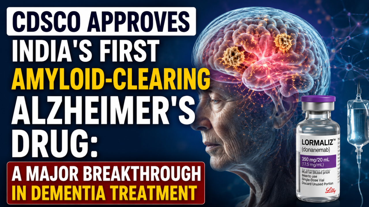 Thumbnail showing CDSCO approval of India's first amyloid-clearing Alzheimer's drug, featuring an elderly patient, illuminated brain with amyloid plaques, IV infusion setup, and Donanemab (Lormali) vial in a medical-themed blue background.