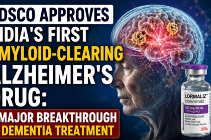 Thumbnail showing CDSCO approval of India's first amyloid-clearing Alzheimer's drug, featuring an elderly patient, illuminated brain with amyloid plaques, IV infusion setup, and Donanemab (Lormali) vial in a medical-themed blue background.