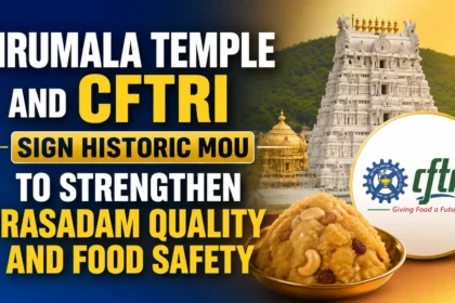 YouTube thumbnail showing Tirumala Temple, CFTRI logo, prasadam bowl, and a bold headline announcing a historic MoU to improve prasadam quality and food safety.