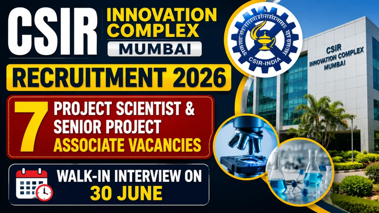 CSIR Innovation Complex Mumbai Recruitment 2026 thumbnail highlighting 7 Project Scientist and Senior Project Associate vacancies with a walk-in interview scheduled on 30 June, featuring research laboratory and institute building visuals.