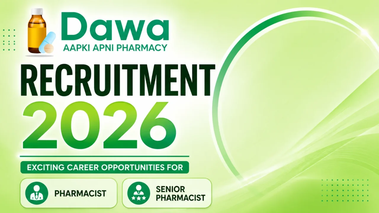 Dawa Pharmacy Recruitment 2026 thumbnail with a light green gradient background, Dawa logo, recruitment announcement, and pharmacist and senior pharmacist job opportunity icons.