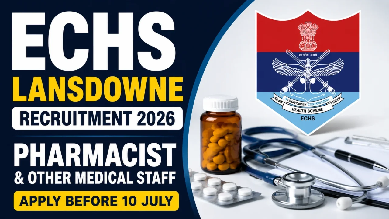 YouTube thumbnail for ECHS Lansdowne Recruitment 2026 featuring a pharmacist recruitment announcement with medical supplies, stethoscope, medicine bottle, ECHS logo, and bold text highlighting Pharmacist & Other Medical Staff vacancies and the application deadline.