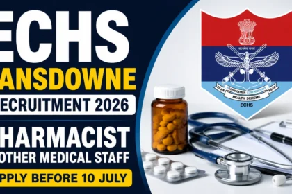 YouTube thumbnail for ECHS Lansdowne Recruitment 2026 featuring a pharmacist recruitment announcement with medical supplies, stethoscope, medicine bottle, ECHS logo, and bold text highlighting Pharmacist & Other Medical Staff vacancies and the application deadline.