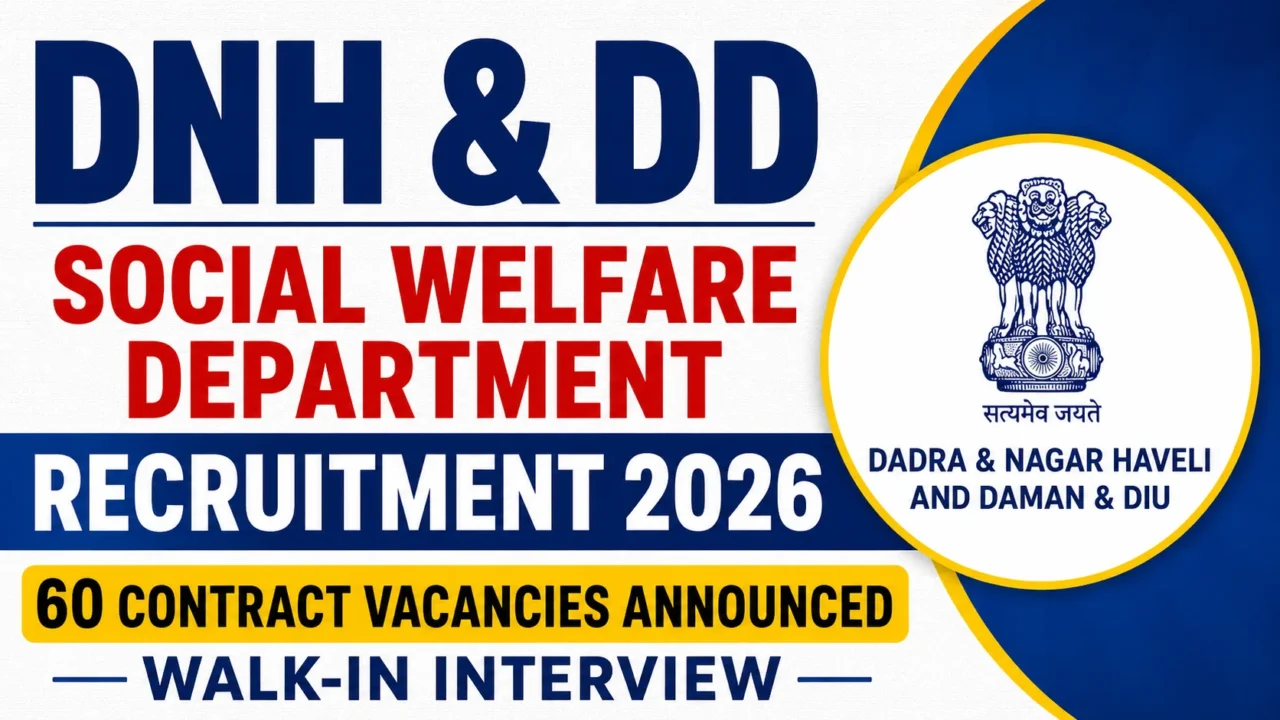 YouTube thumbnail for DNH & DD Social Welfare Department Recruitment 2026 showing bold recruitment announcement text, government emblem, and walk-in interview notification for 60 contract vacancies.