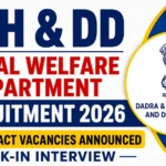 YouTube thumbnail for DNH & DD Social Welfare Department Recruitment 2026 showing bold recruitment announcement text, government emblem, and walk-in interview notification for 60 contract vacancies.