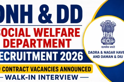 YouTube thumbnail for DNH & DD Social Welfare Department Recruitment 2026 showing bold recruitment announcement text, government emblem, and walk-in interview notification for 60 contract vacancies.
