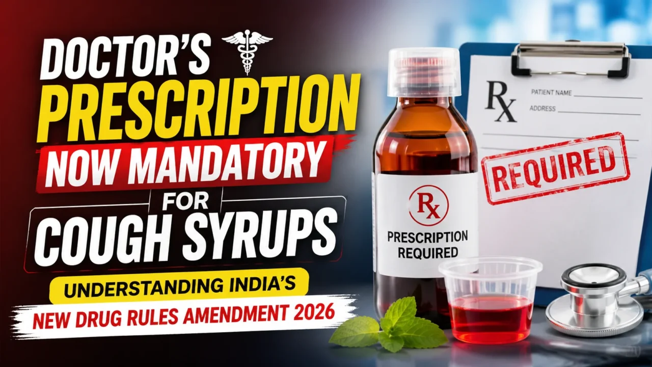 Thumbnail showing a cough syrup bottle, prescription pad with Rx symbol, and bold text highlighting that a doctor's prescription is now mandatory for purchasing cough syrups under India's new drug rules amendment 2026.