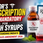 Thumbnail showing a cough syrup bottle, prescription pad with Rx symbol, and bold text highlighting that a doctor's prescription is now mandatory for purchasing cough syrups under India's new drug rules amendment 2026.