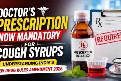 Thumbnail showing a cough syrup bottle, prescription pad with Rx symbol, and bold text highlighting that a doctor's prescription is now mandatory for purchasing cough syrups under India's new drug rules amendment 2026.