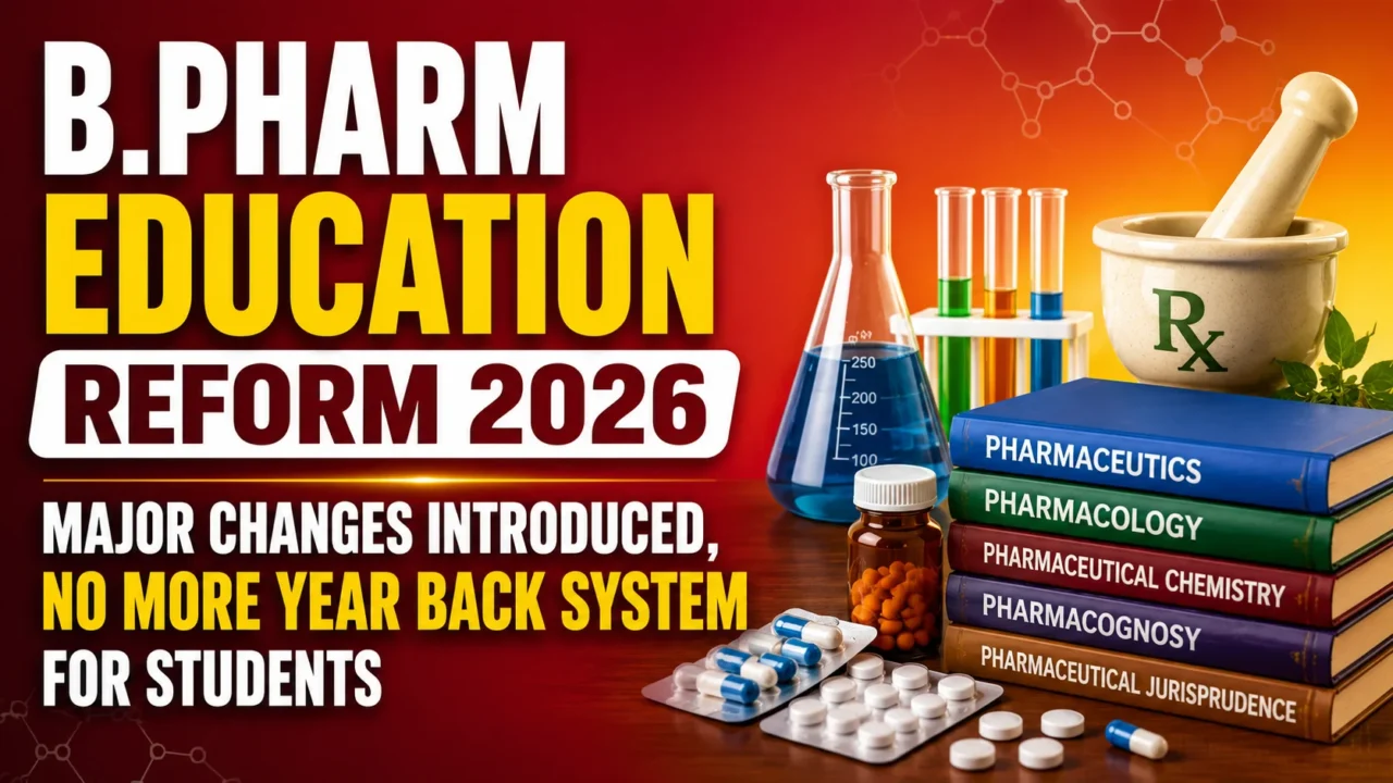 YouTube thumbnail for B.Pharm Education Reform 2026 featuring pharmacy books, laboratory glassware, medicine bottle, tablets, mortar and pestle, and bold text highlighting major education reforms and the removal of the year-back system.