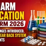 YouTube thumbnail for B.Pharm Education Reform 2026 featuring pharmacy books, laboratory glassware, medicine bottle, tablets, mortar and pestle, and bold text highlighting major education reforms and the removal of the year-back system.