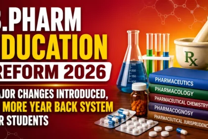 YouTube thumbnail for B.Pharm Education Reform 2026 featuring pharmacy books, laboratory glassware, medicine bottle, tablets, mortar and pestle, and bold text highlighting major education reforms and the removal of the year-back system.