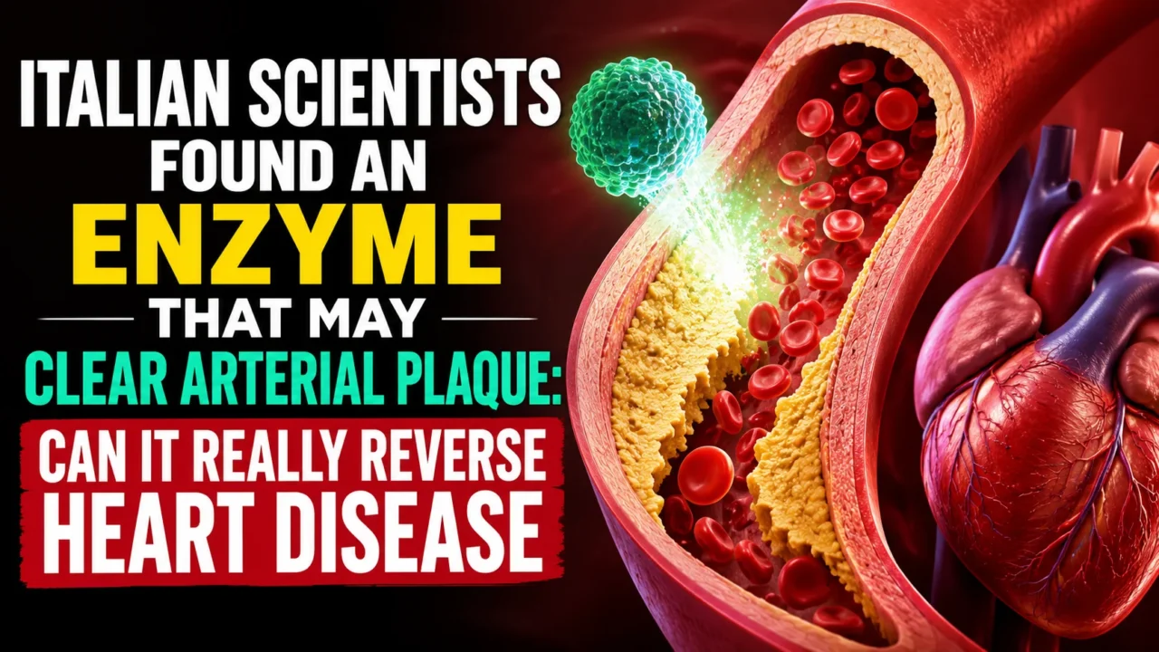 Medical illustration showing arterial plaque buildup inside a blood vessel, red blood cells, and a human heart, highlighting research on an enzyme that may help clear arterial blockages and reduce heart disease risk.