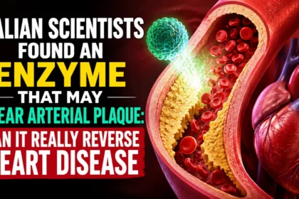 Medical illustration showing arterial plaque buildup inside a blood vessel, red blood cells, and a human heart, highlighting research on an enzyme that may help clear arterial blockages and reduce heart disease risk.