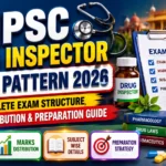 TNPSC Drug Inspector Exam Pattern 2026 thumbnail featuring pharmacy books, medicines, microscope, stethoscope, TNPSC logo, and exam pattern checklist highlighting exam structure, marks distribution, subject-wise details, and preparation strategy.