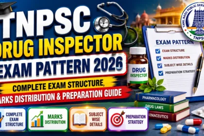 TNPSC Drug Inspector Exam Pattern 2026 thumbnail featuring pharmacy books, medicines, microscope, stethoscope, TNPSC logo, and exam pattern checklist highlighting exam structure, marks distribution, subject-wise details, and preparation strategy.