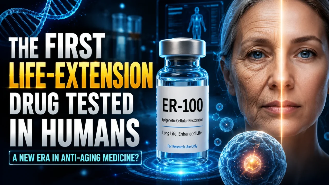 Futuristic medical thumbnail showing an ER-100 life-extension drug vial, DNA strands, cellular regeneration graphics, and a split face representing aging versus youth, highlighting a breakthrough in anti-aging medicine.