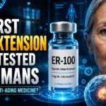 Futuristic medical thumbnail showing an ER-100 life-extension drug vial, DNA strands, cellular regeneration graphics, and a split face representing aging versus youth, highlighting a breakthrough in anti-aging medicine.