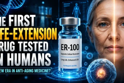 Futuristic medical thumbnail showing an ER-100 life-extension drug vial, DNA strands, cellular regeneration graphics, and a split face representing aging versus youth, highlighting a breakthrough in anti-aging medicine.