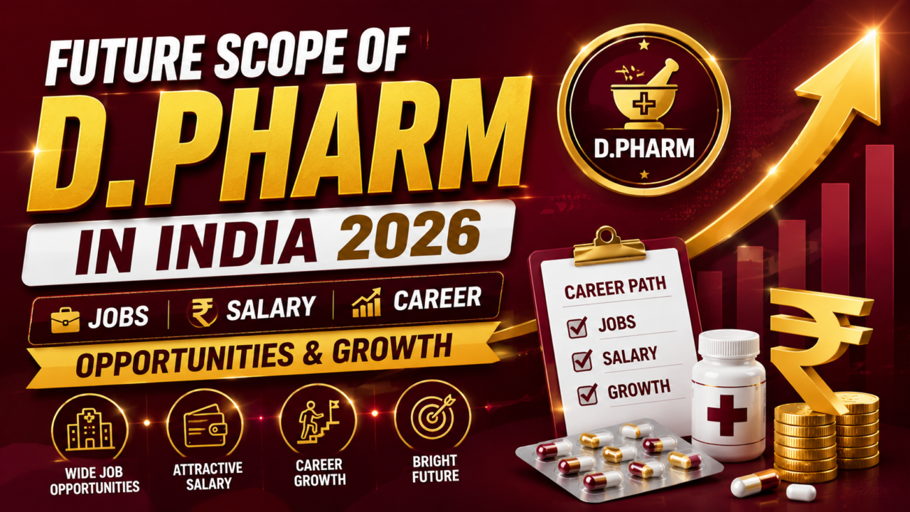 Future Scope of D.Pharm in India 2026 thumbnail featuring bold golden text, career growth chart, salary symbol, medicine bottle, capsules, and icons representing jobs, salary, opportunities, and career growth.